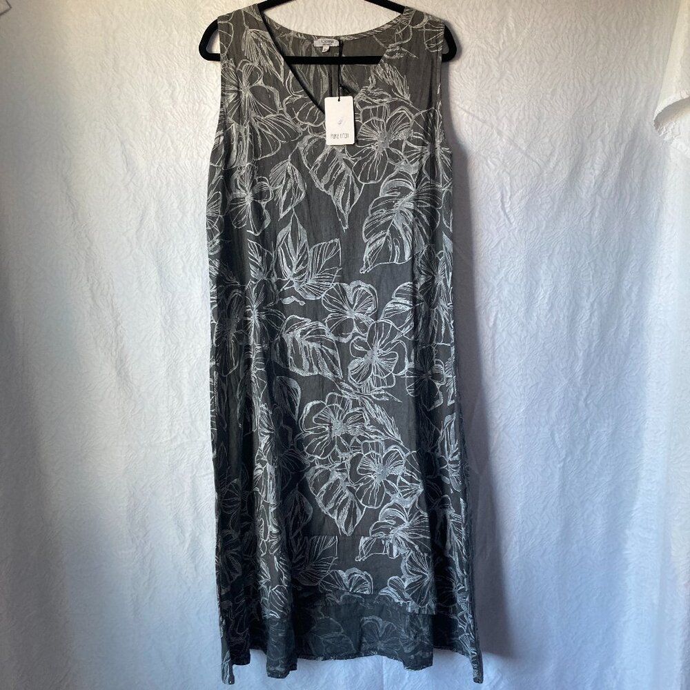 NWT Rosemarine Made In Italy Gray 100% Linen High Low Midi Floral Dress Size L